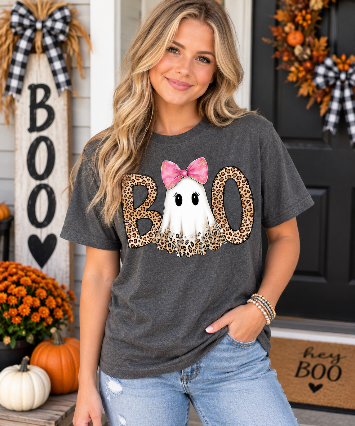 Boo Ghost Preppy Leopard Graphic Adult Shirt