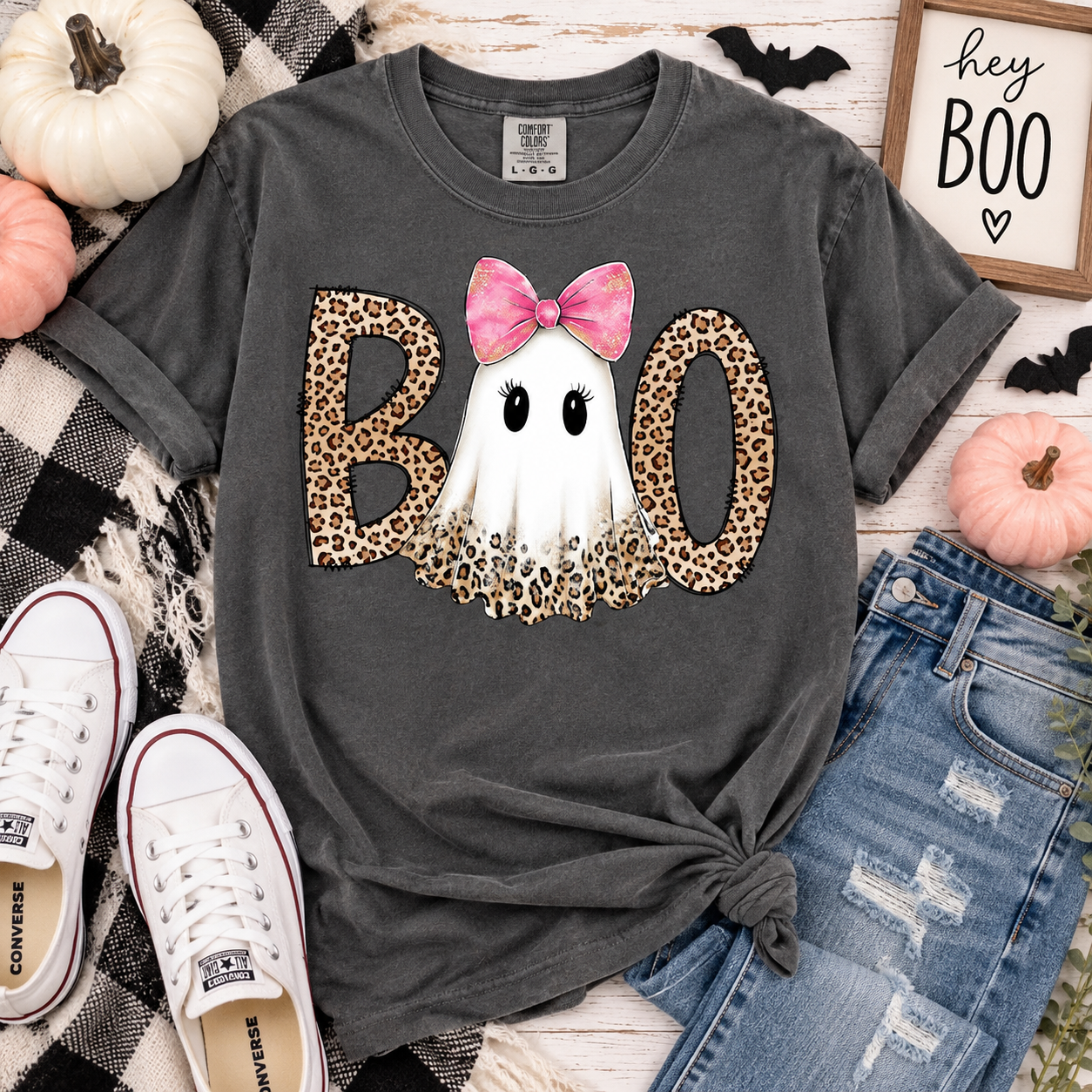 Boo Ghost Preppy Leopard Graphic Adult Shirt