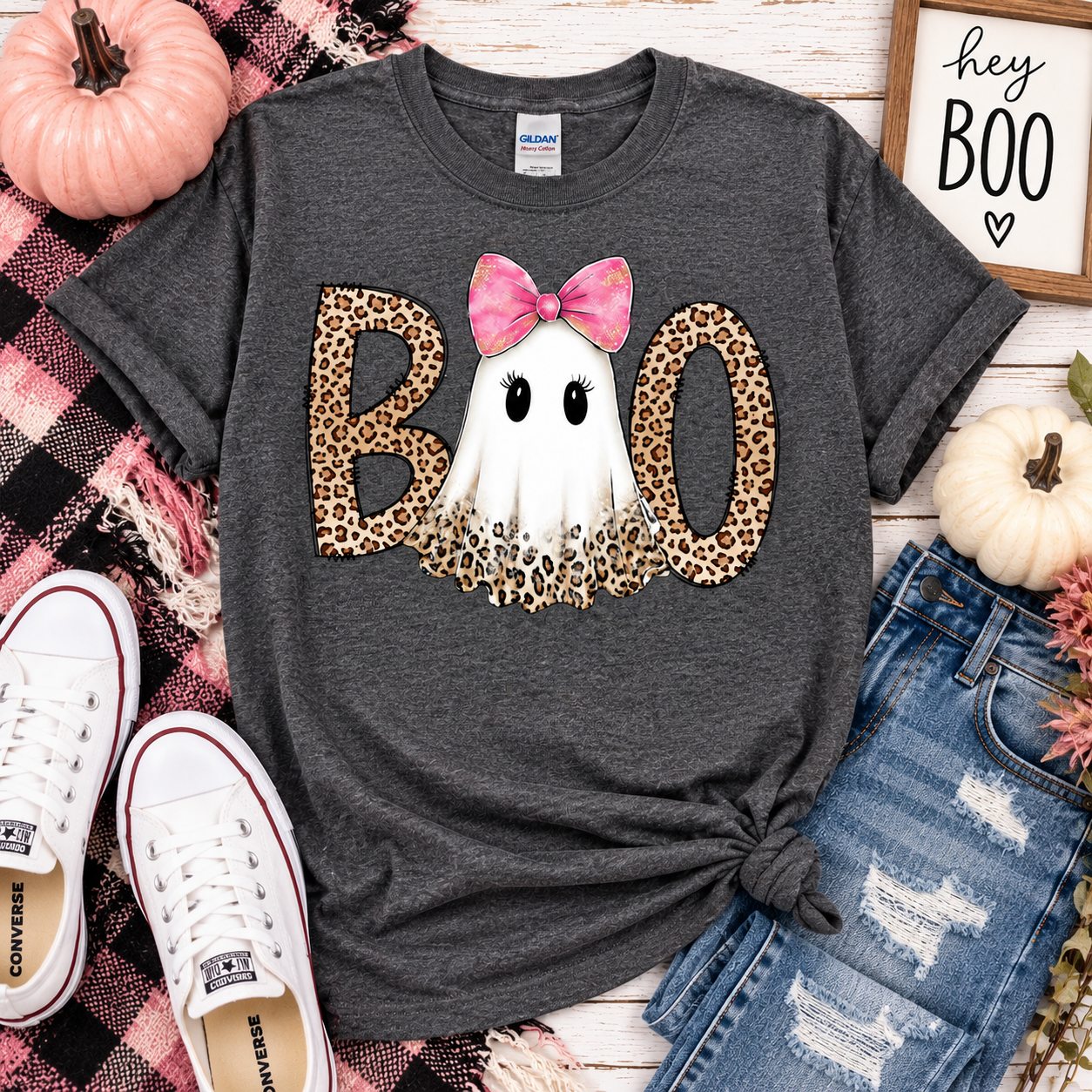 Boo Ghost Preppy Leopard Graphic Adult Shirt