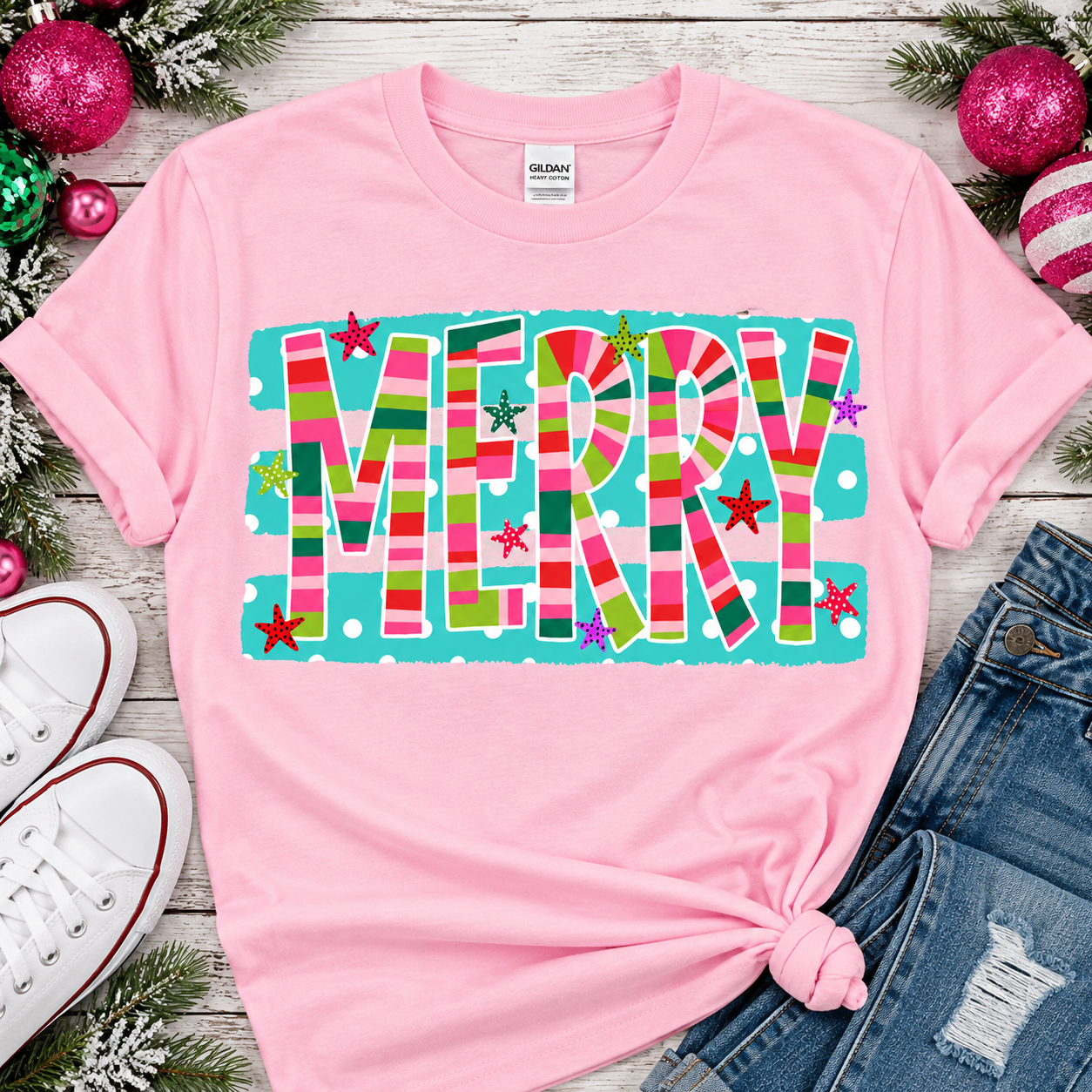 MERRY Stripe Dots Graphic ADULT Shirt