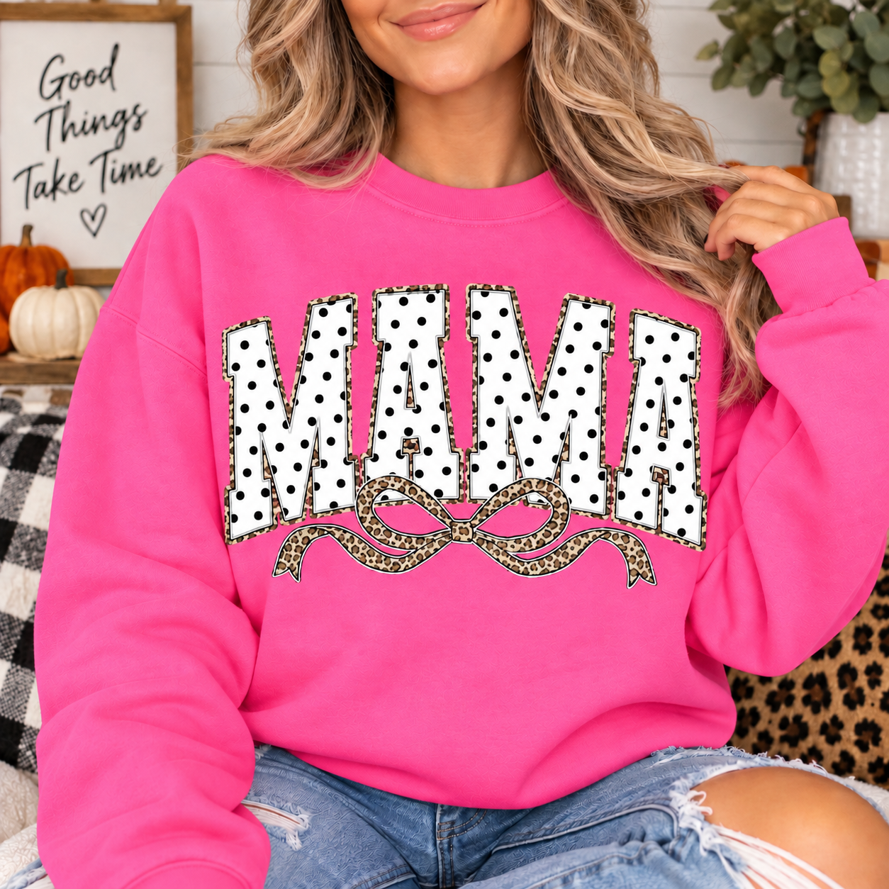 MAMA Dot Leopard Coquette Graphic Sweatshirt