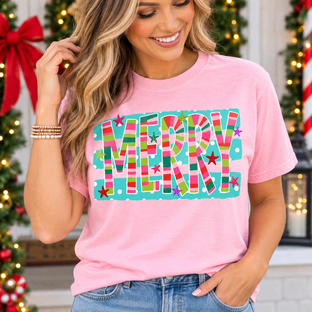 MERRY Stripe Dots Graphic ADULT Shirt