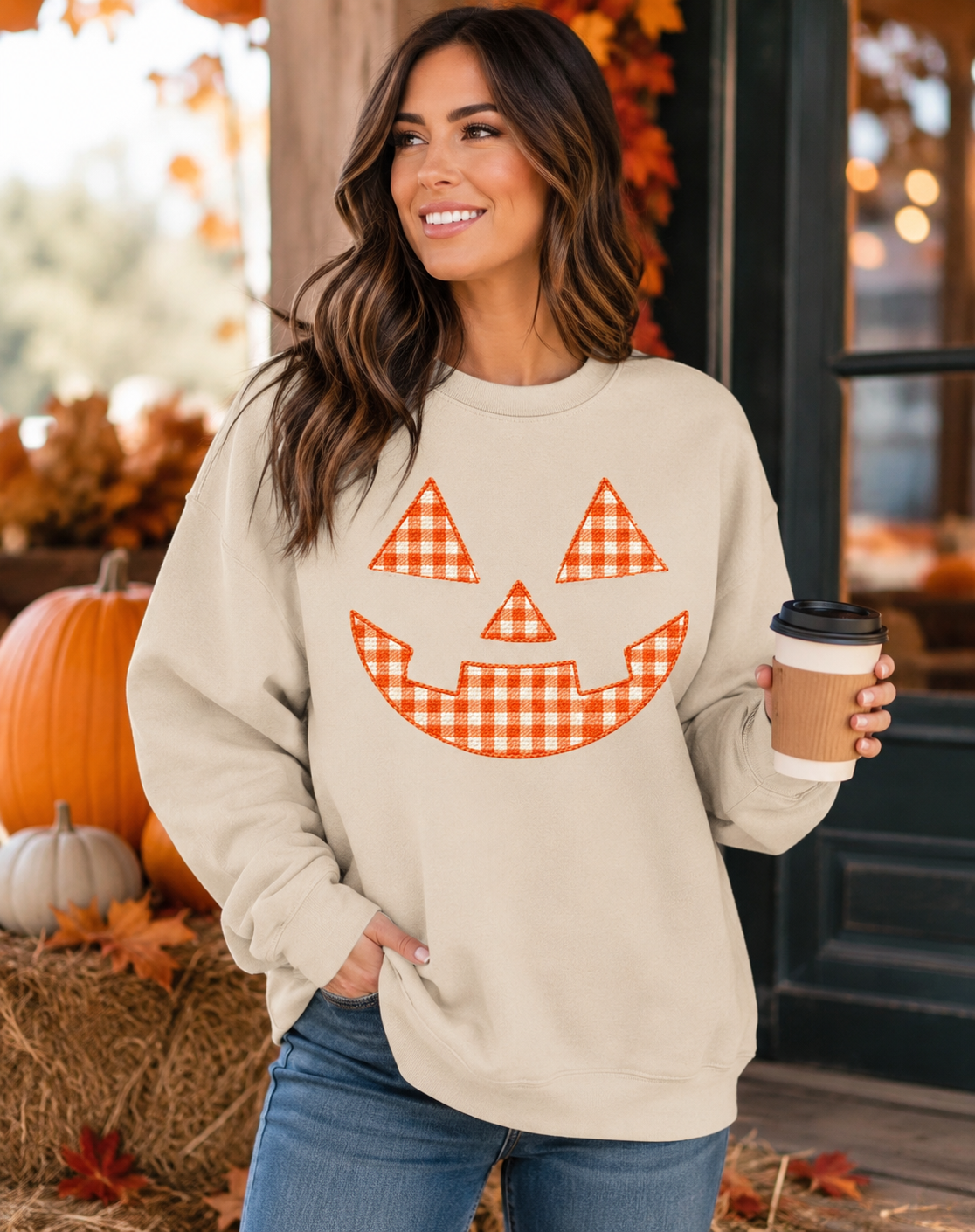 Pumpkin Face Faux Stitch Sweatshirt