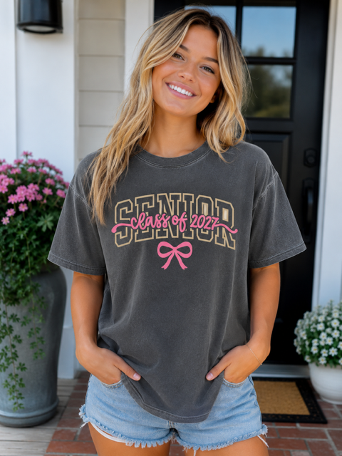 Senior 2027 Pink/Gold Coquette Tee